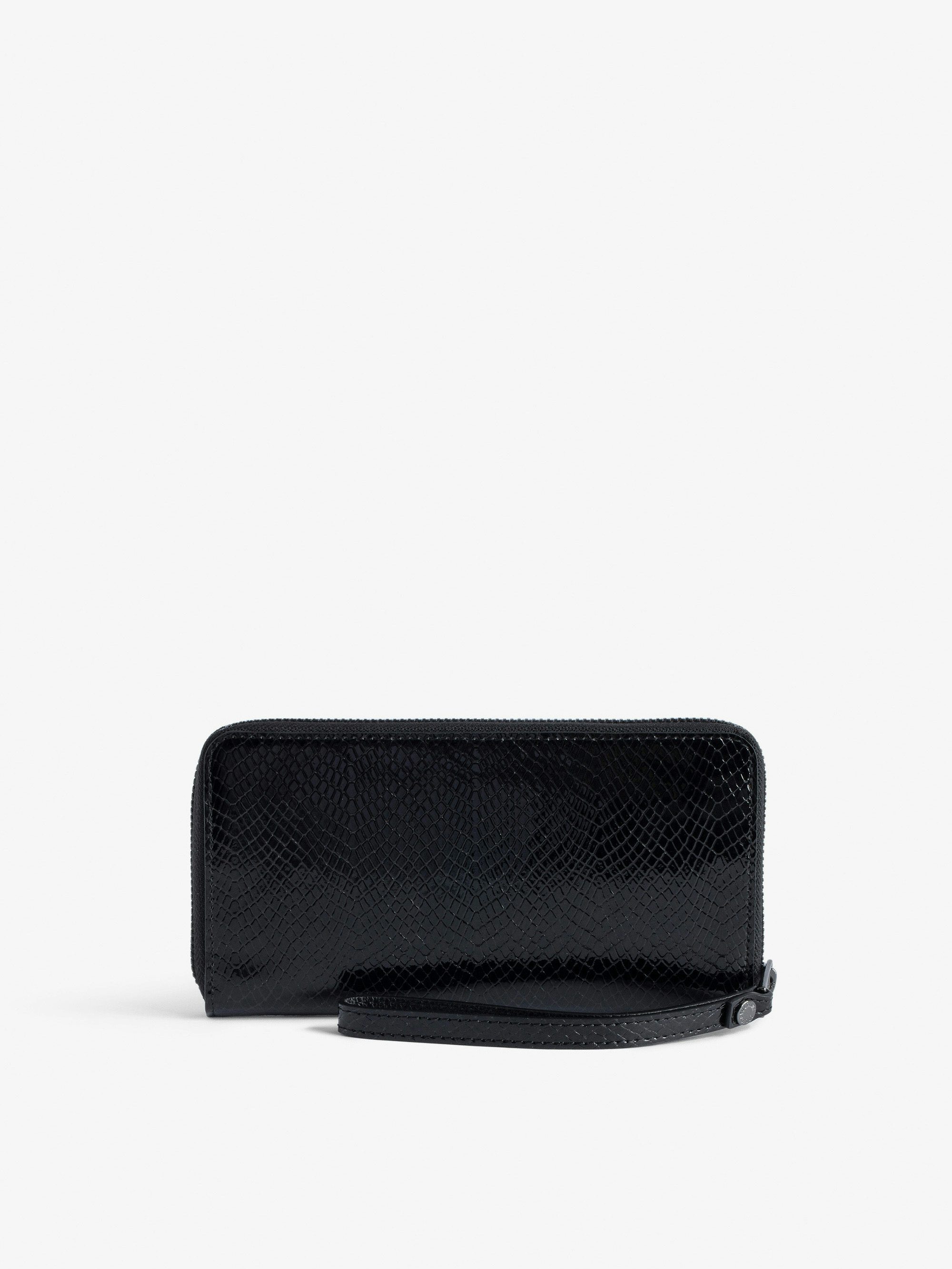 Glossy Wild Embossed Companion Wallet - Women’s black python-effect patent leather wallet with wings charm.